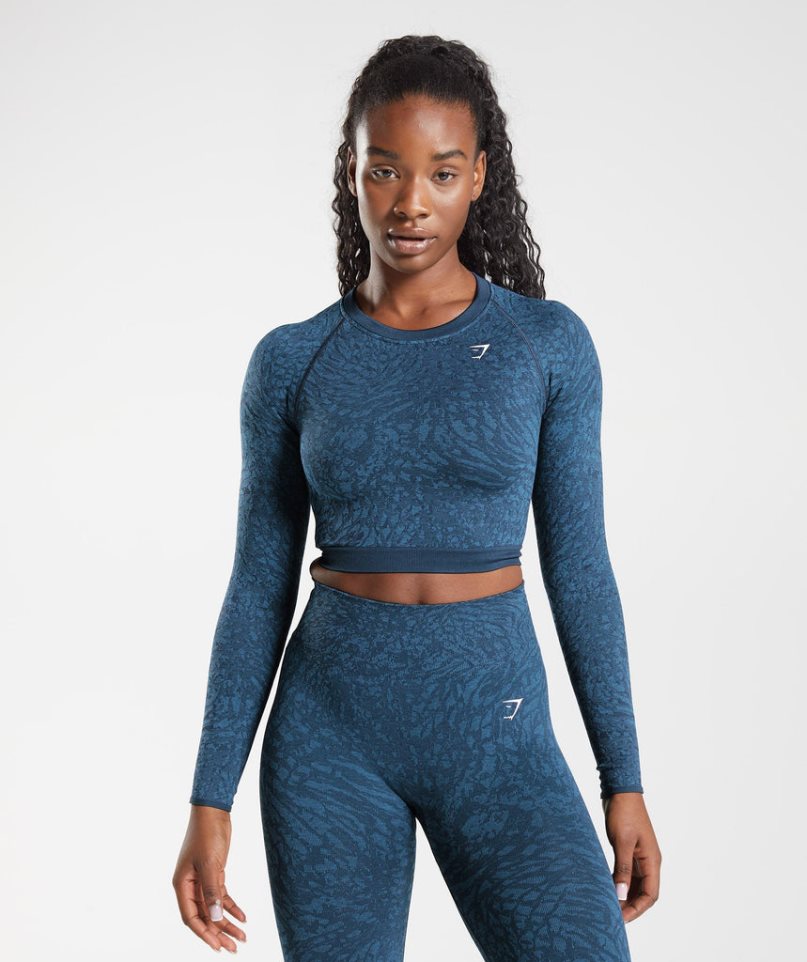 Women's Gymshark Adapt Animal Seamless Lace Up Back Cropped Tops Navy | NZ 2EPCYA